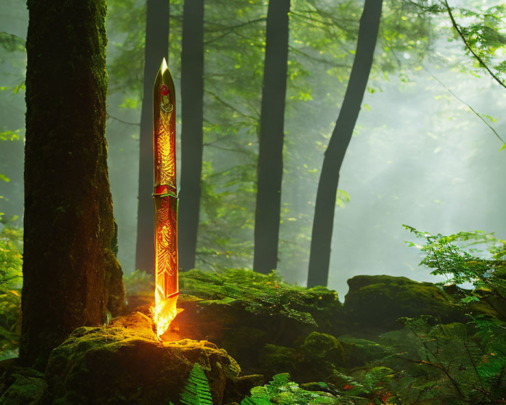 Elaborate mystical sword in glowing light among foggy forest