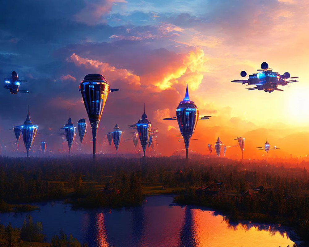 Futuristic flying vehicles over lush sunset landscape with orange skies.