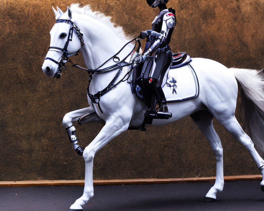 Elegant white horse with ornate harnesses and rider in equestrian attire trotting along a