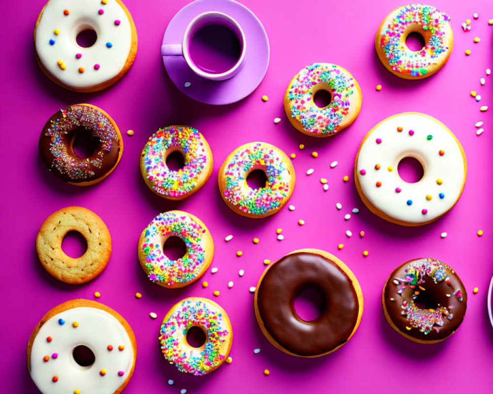 Colorful Sprinkle Frosted Donuts & Coffee on Pink Background