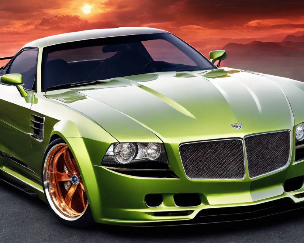 Custom green sports car with chrome wheels under dramatic sunset sky