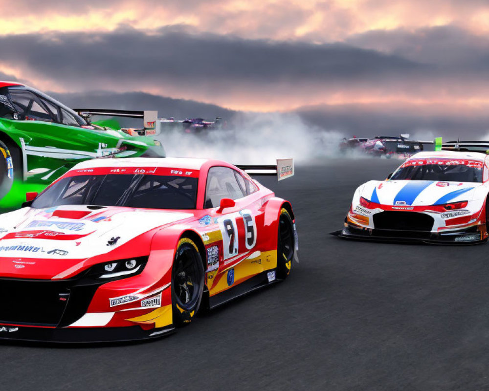 Three Racing Cars Speeding on Track Under Dramatic Sky