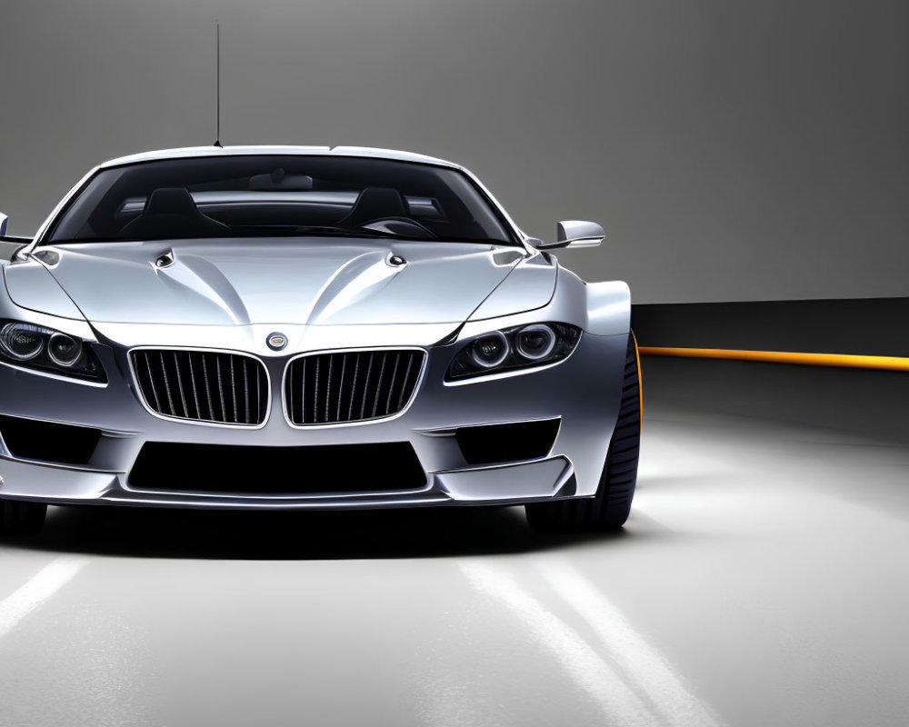 Silver BMW Sports Car with Aggressive Front Design and Iconic Kidney Grille