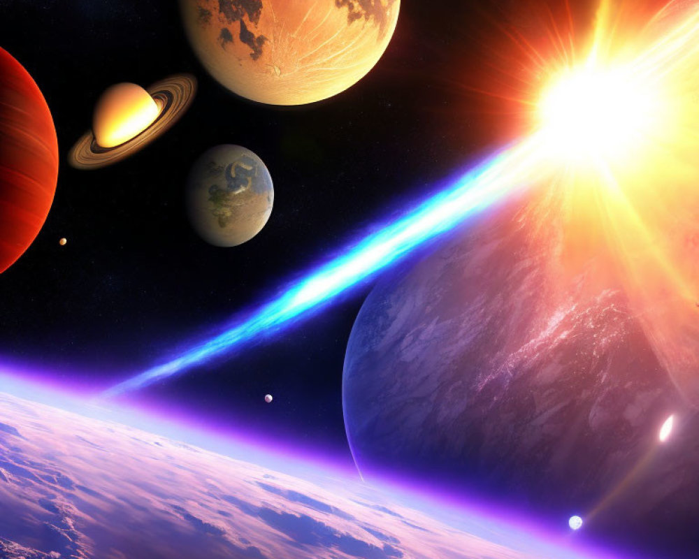 Colorful Space Scene with Sun, Planets, Rings, Comet, and Cosmic Rays