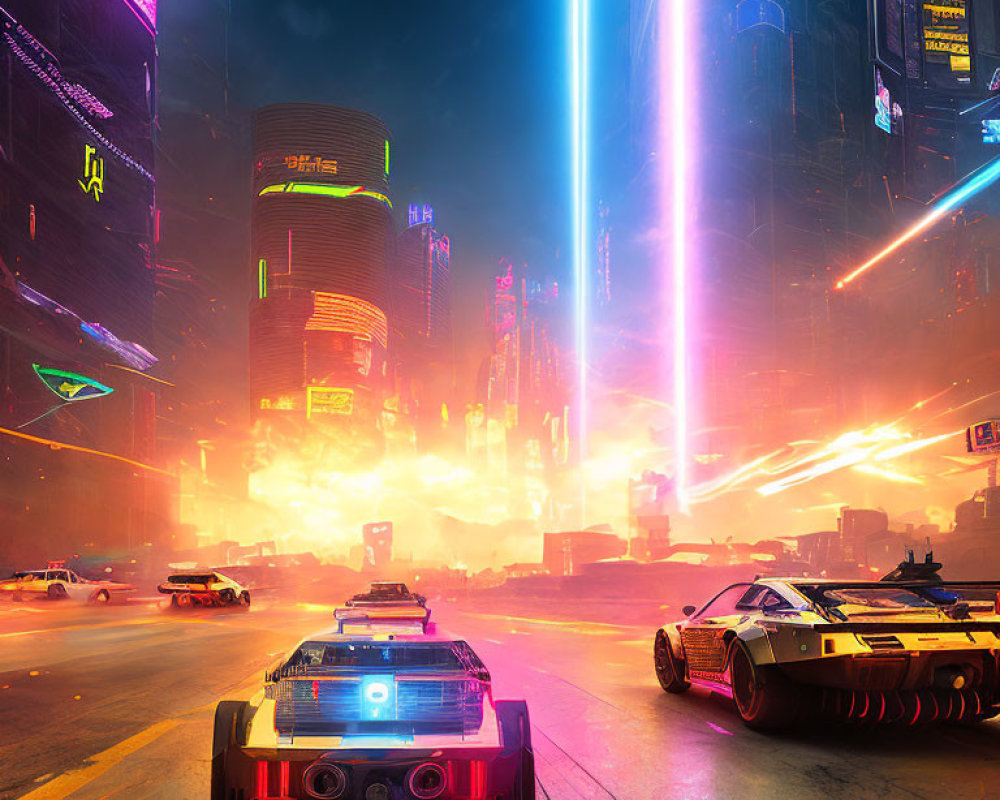 Neon-lit futuristic cityscape with flying cars and skyscrapers