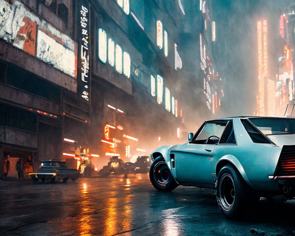 Vintage Car in Neon-Lit Urban Street at Night