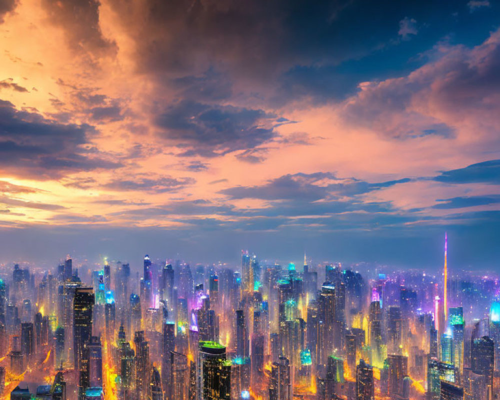 Twilight cityscape with illuminated skyscrapers and traffic trails