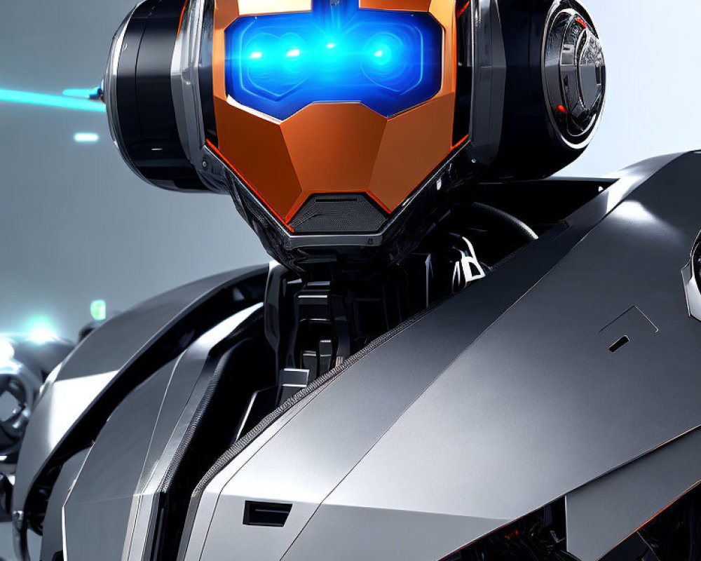 Detailed Close-Up of Futuristic Robot with Orange and Black Armor