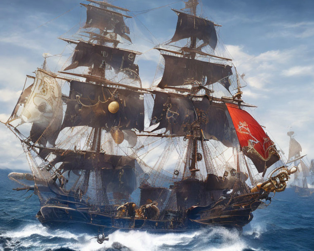 Historical sailing ship with unfurled sails on stormy sea scene