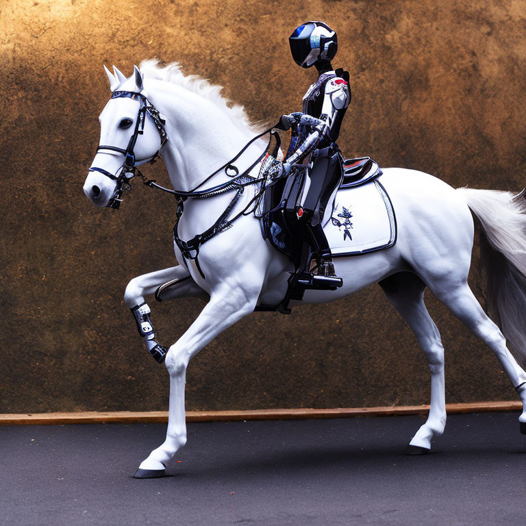 Elegant white horse with ornate harnesses and rider in equestrian attire trotting along a