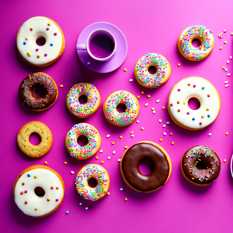 Colorful Sprinkle Frosted Donuts & Coffee on Pink Background