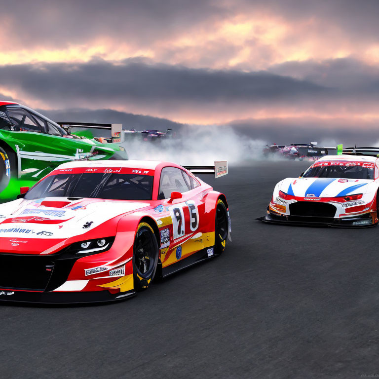 Three Racing Cars Speeding on Track Under Dramatic Sky