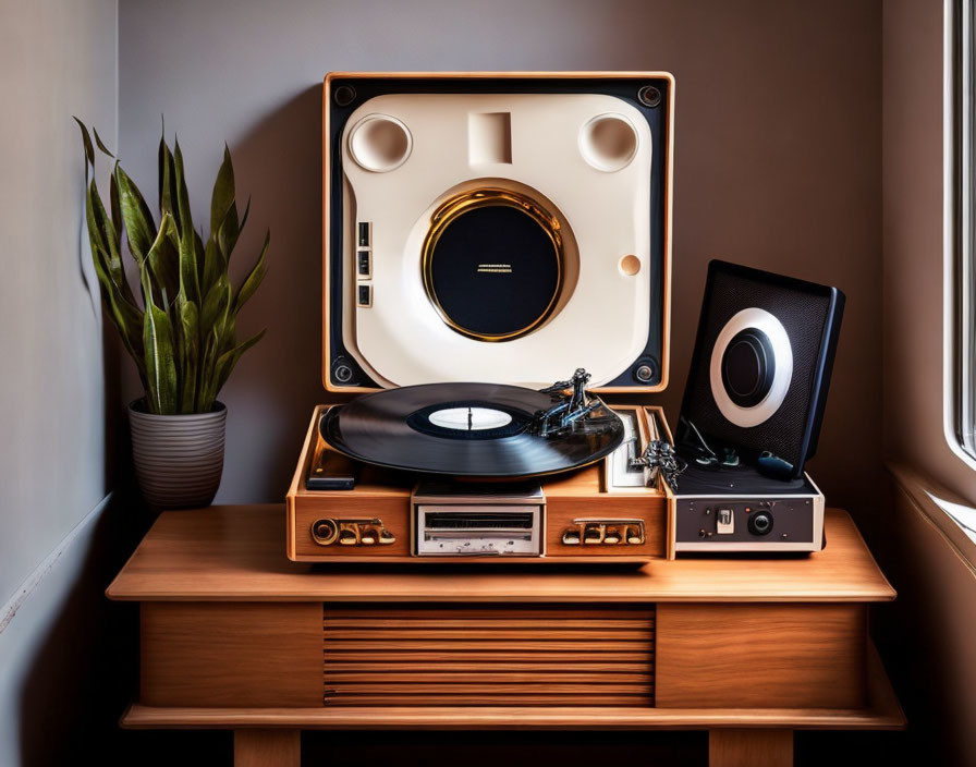 Classic Audio Setup with Turntable, Speakers, Receiver on Wooden Cabinet