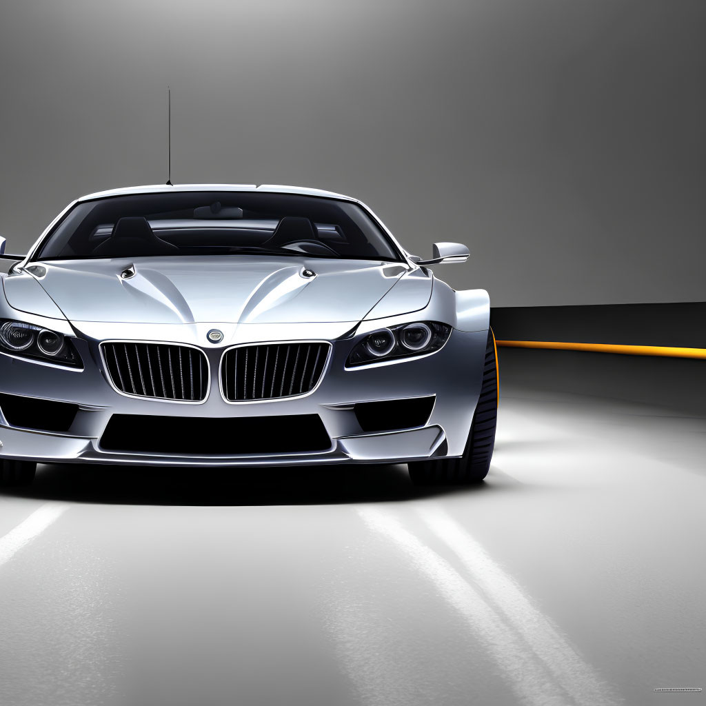 Silver BMW Sports Car with Aggressive Front Design and Iconic Kidney Grille