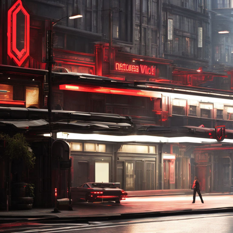 Pedestrian crossing street in neon-lit futuristic cityscape.