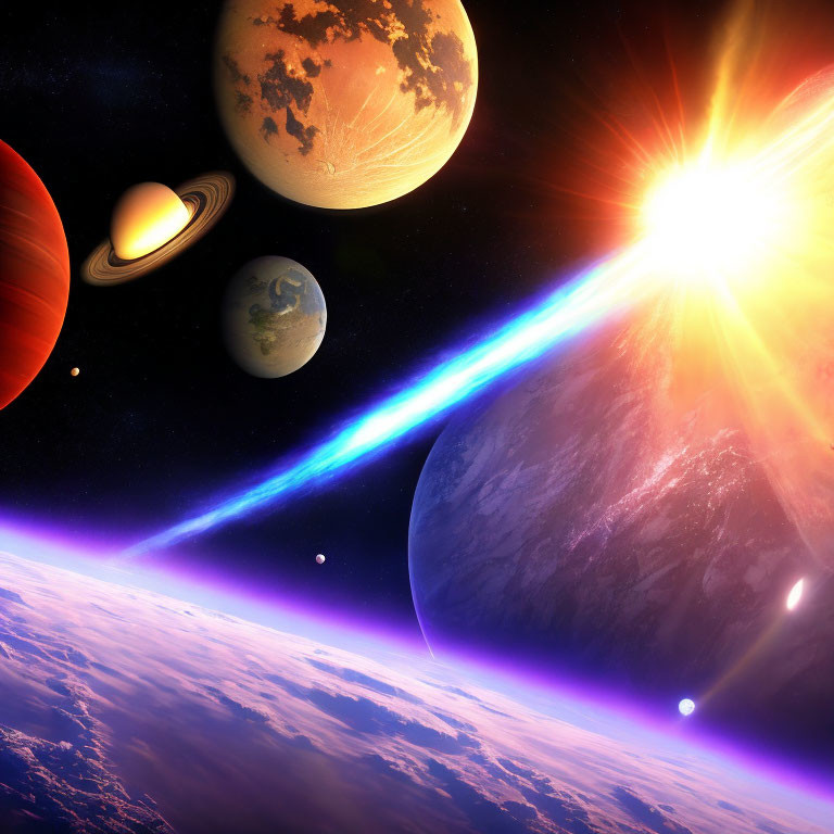 Colorful Space Scene with Sun, Planets, Rings, Comet, and Cosmic Rays