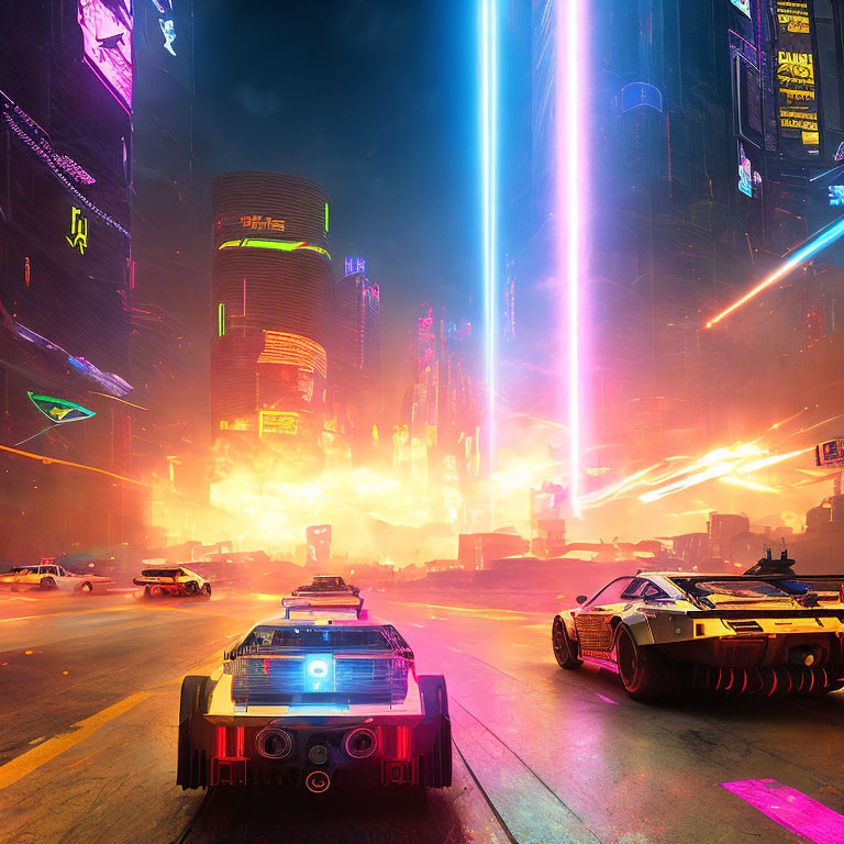 Neon-lit futuristic cityscape with flying cars and skyscrapers