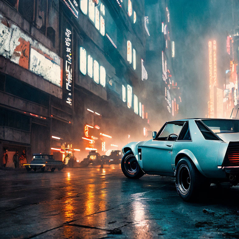 Vintage Car in Neon-Lit Urban Street at Night