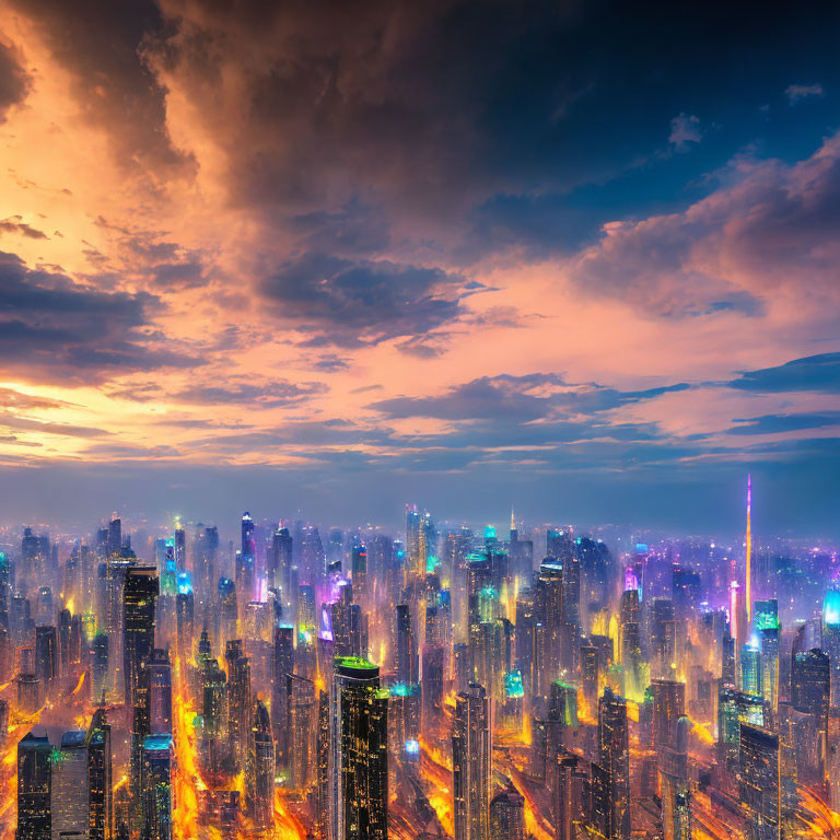 Twilight cityscape with illuminated skyscrapers and traffic trails