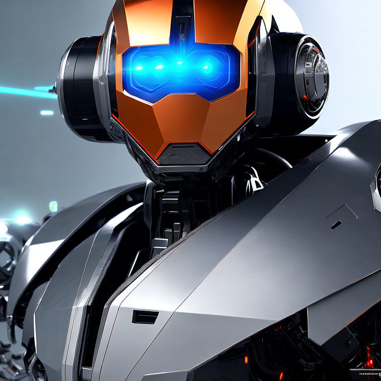 Detailed Close-Up of Futuristic Robot with Orange and Black Armor