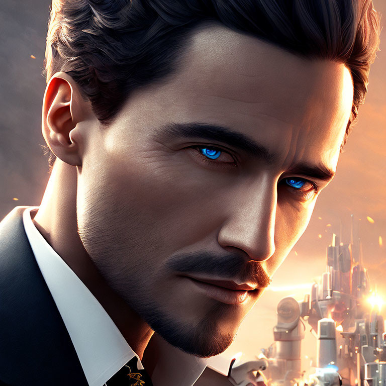 Close-up digital art of man with blue eyes, dark hair, suit, against futuristic cityscape.