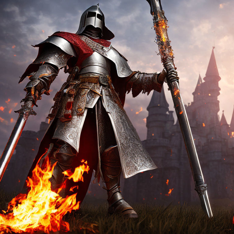 Ornate armored knight with flaming spear at castle dusk