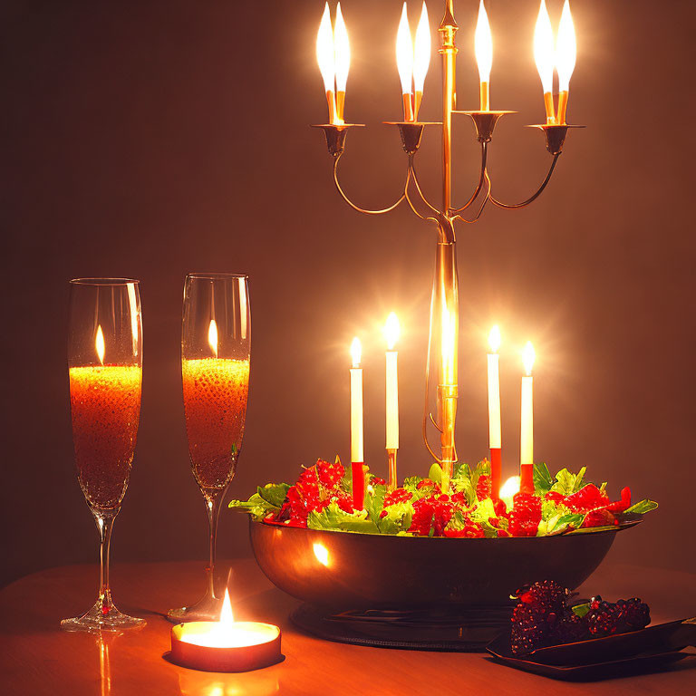 Champagne glasses, candelabrum, and salad on dimly lit table