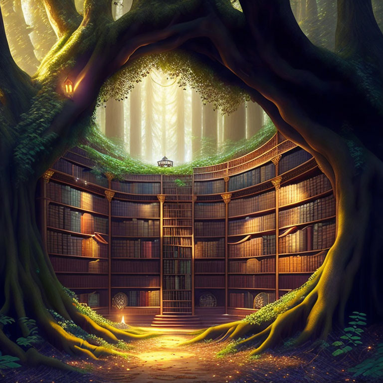 Circular library in ancient tree hollow with mystical light.