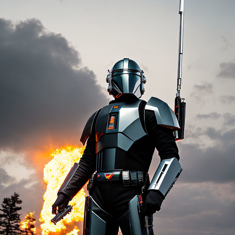 Futuristic robot costume with silver helmet and staff in front of fiery explosion at dusk