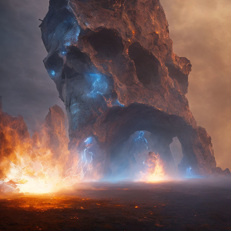 Volcanic landscape with glowing lava, blue cracks, archways, and ethereal glow