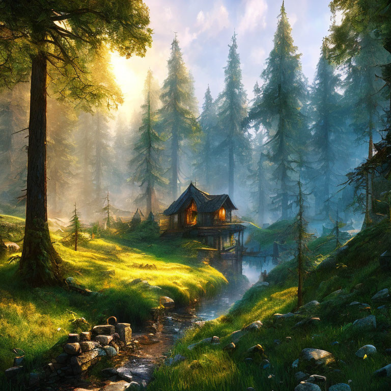 Tranquil woodland cabin by stream in misty forest