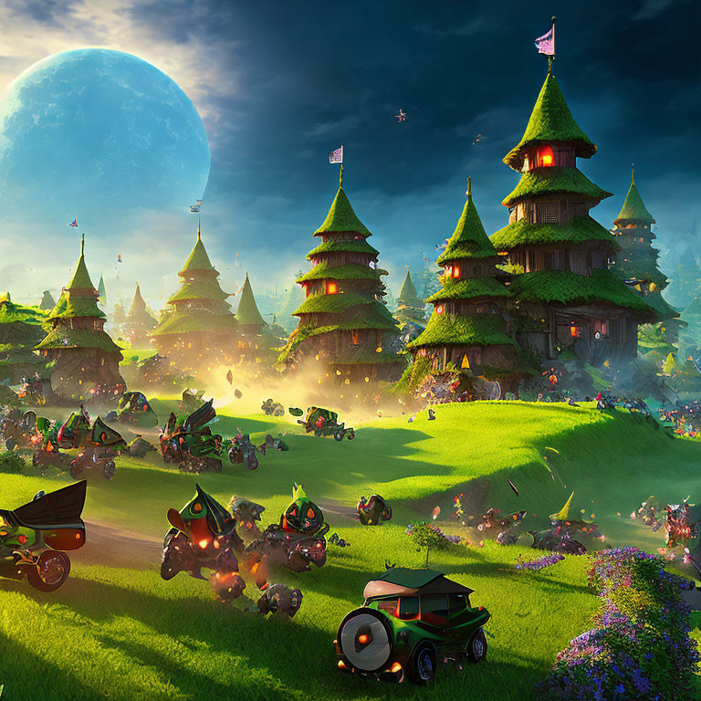 Whimsical fantasy landscape with tree-like houses, colorful flora, creatures, vintage cars, large moon