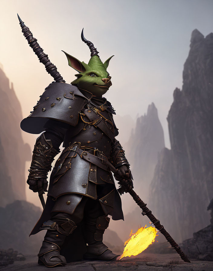 Green-skinned horned fantasy creature in black armor with flaming staff in rocky landscape