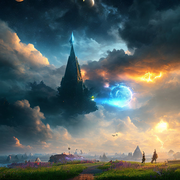 Mystical dusk landscape with towering spire, celestial sky, flower path, and silhouet