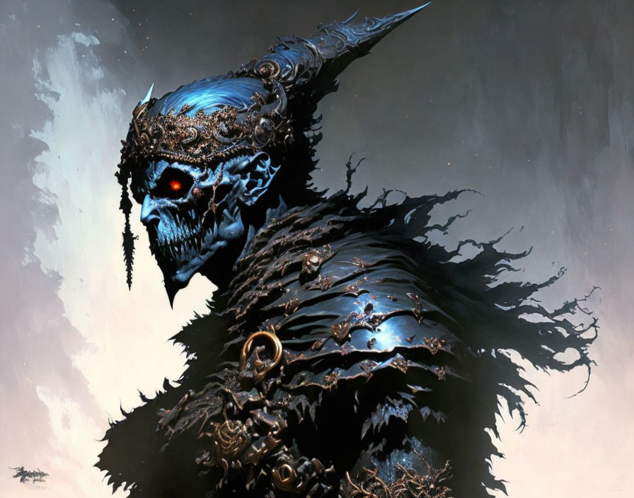 Dark Fantasy Artwork: Figure with Glowing Red Eyes in Crow-Inspired Armor