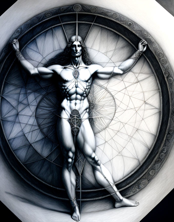 Monochrome human figure with Vitruvian proportions and geometric patterns on circular backdrop