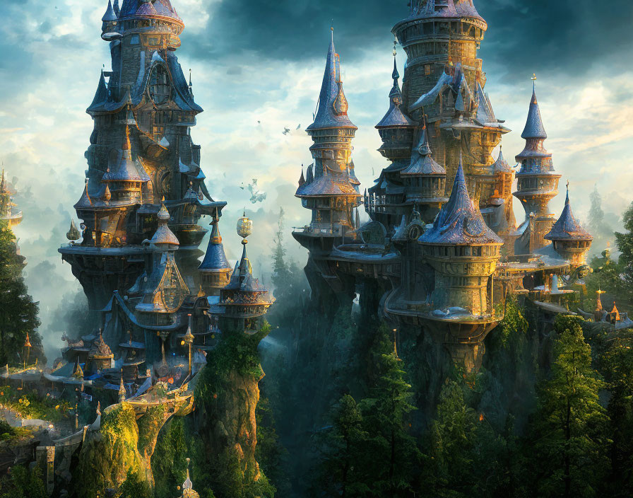 Fantastical castle with soaring spires on rugged cliffs