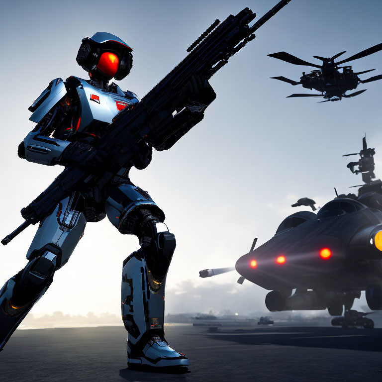 Futuristic robot with gun on runway at dusk with helicopters and aircraft