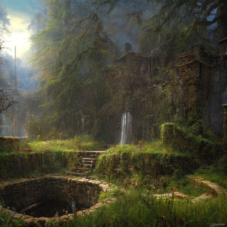 Sunlit forest scene with ancient ruins, overgrown well, and gentle waterfall.