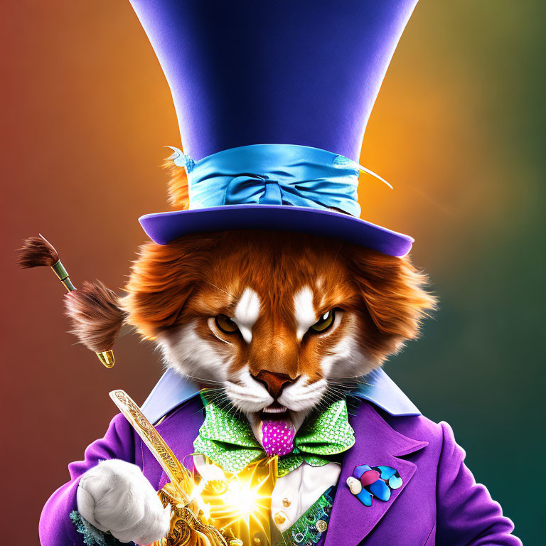 Anthropomorphic tiger in dapper magician attire with tall purple hat and sparkly magic trick