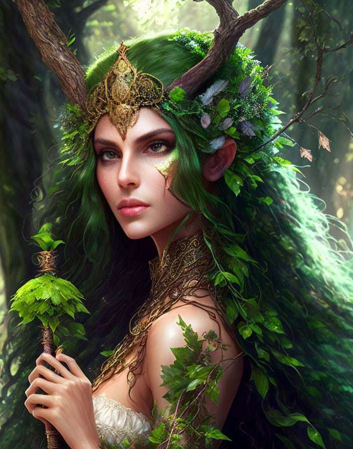 Mystical female figure with green flowing hair and forest-inspired adornments