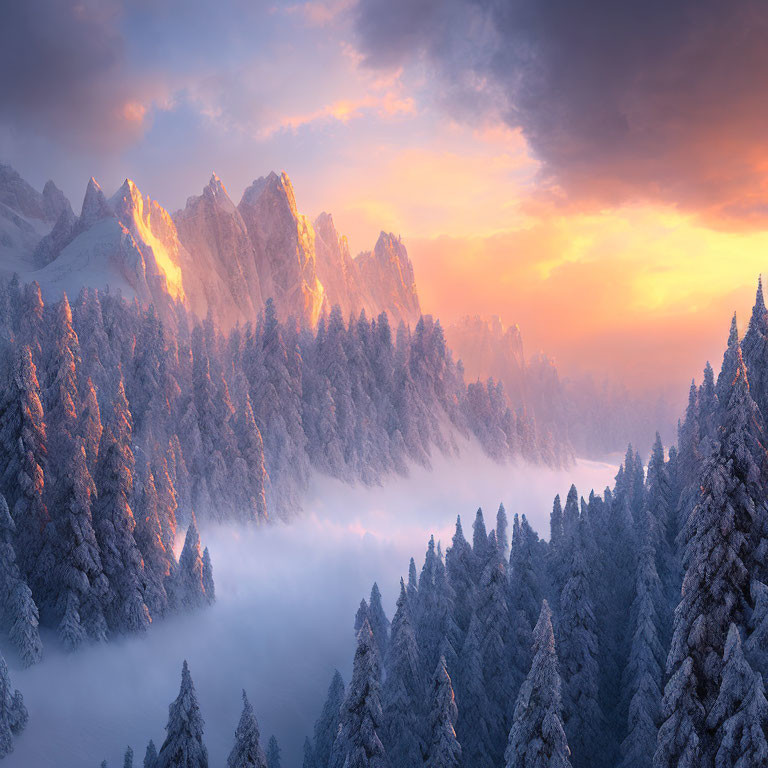 Snowy Mountain Peaks and Misty Evergreen Trees in Soft Pastel Light