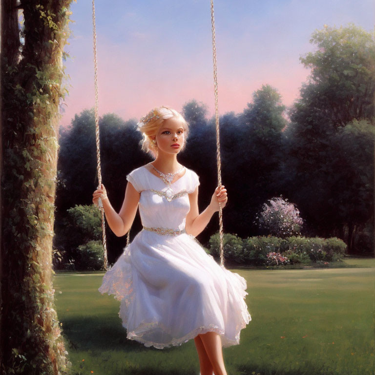 Woman in White Dress on Swing in Nature Setting