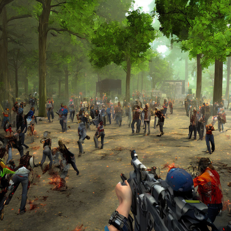 Virtual character shooting zombies in forested park with fire and chaos.