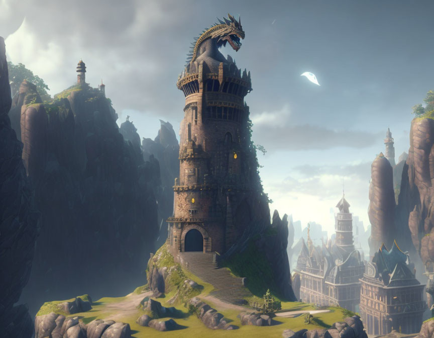 Fantasy landscape with dragon-topped tower, castle, and floating rocks