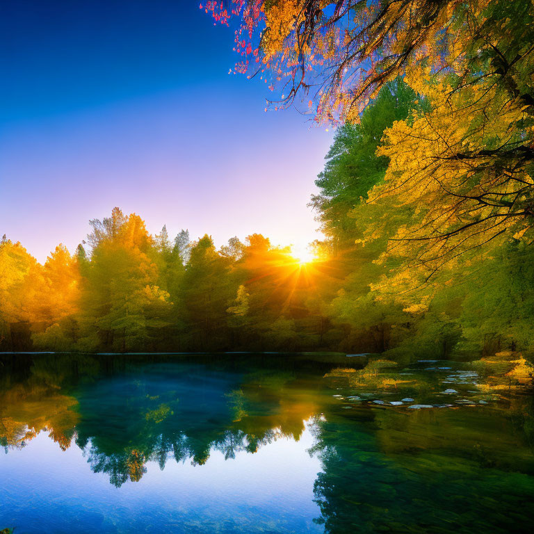 Serene Sunrise Scene: Lake with Vibrant Tree Reflections