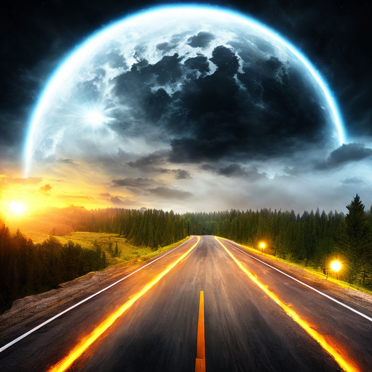 Surreal landscape with road, trees, massive moon, and suns