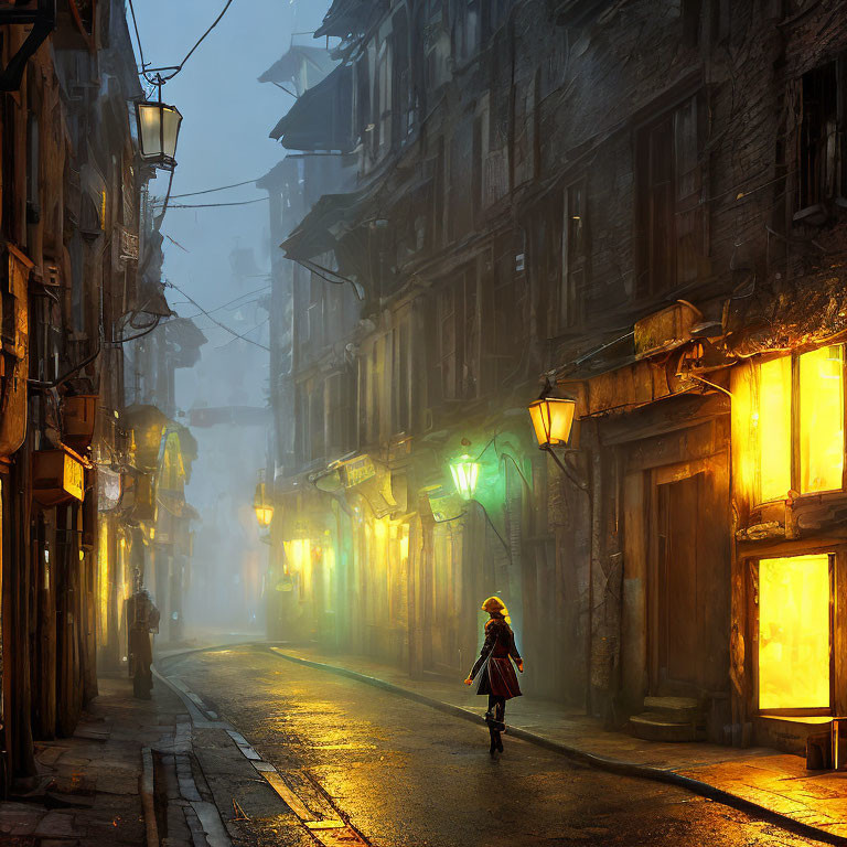 Person Walking Alone in Misty, Historic Street at Dusk