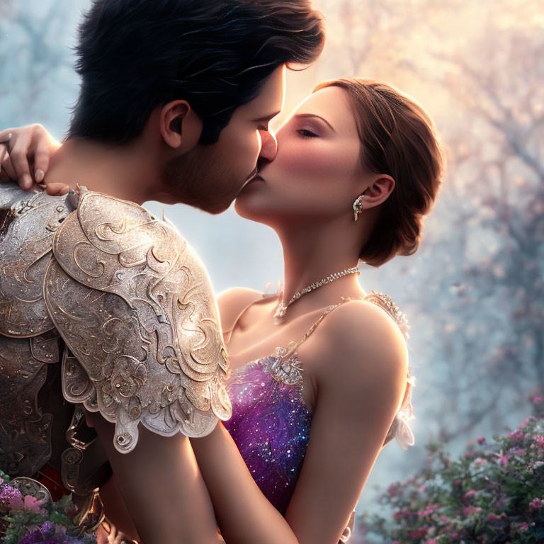 Romantic kiss between animated couple in mystical forest with blossoming flowers