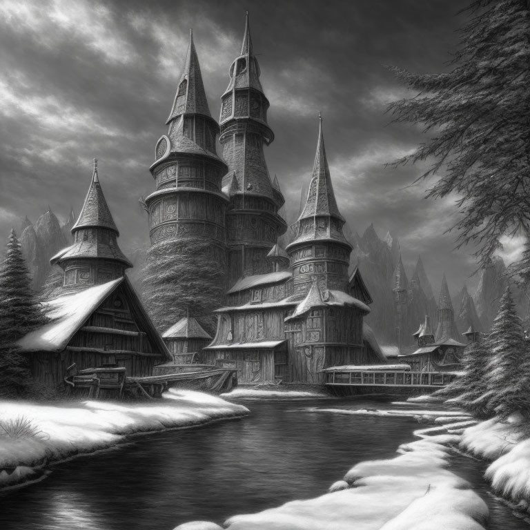 Monochrome whimsical fairy-tale castle by tranquil river